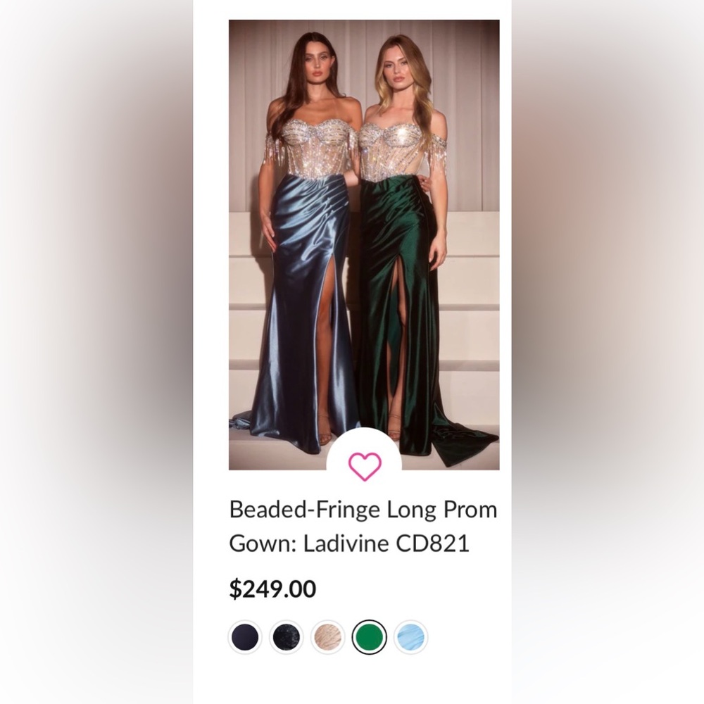 Ladivine Beaded-Fringe Long Prom Gown - Green